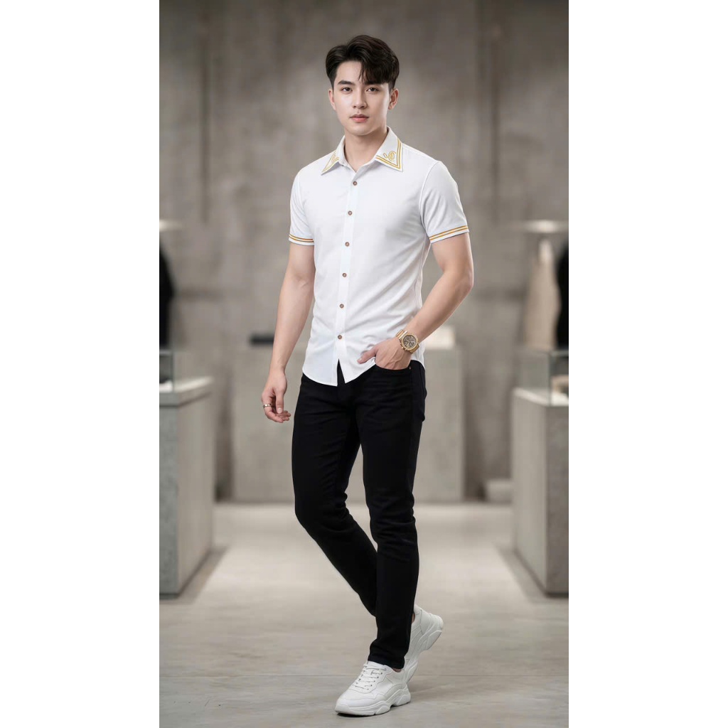 Áo Sơ Mi Nam Trơn Tay Ngắn Phối Viền Tay, Sơ Mi Nam Vải Lụa Thoáng Mát Dáng Body 1999 Fashion
