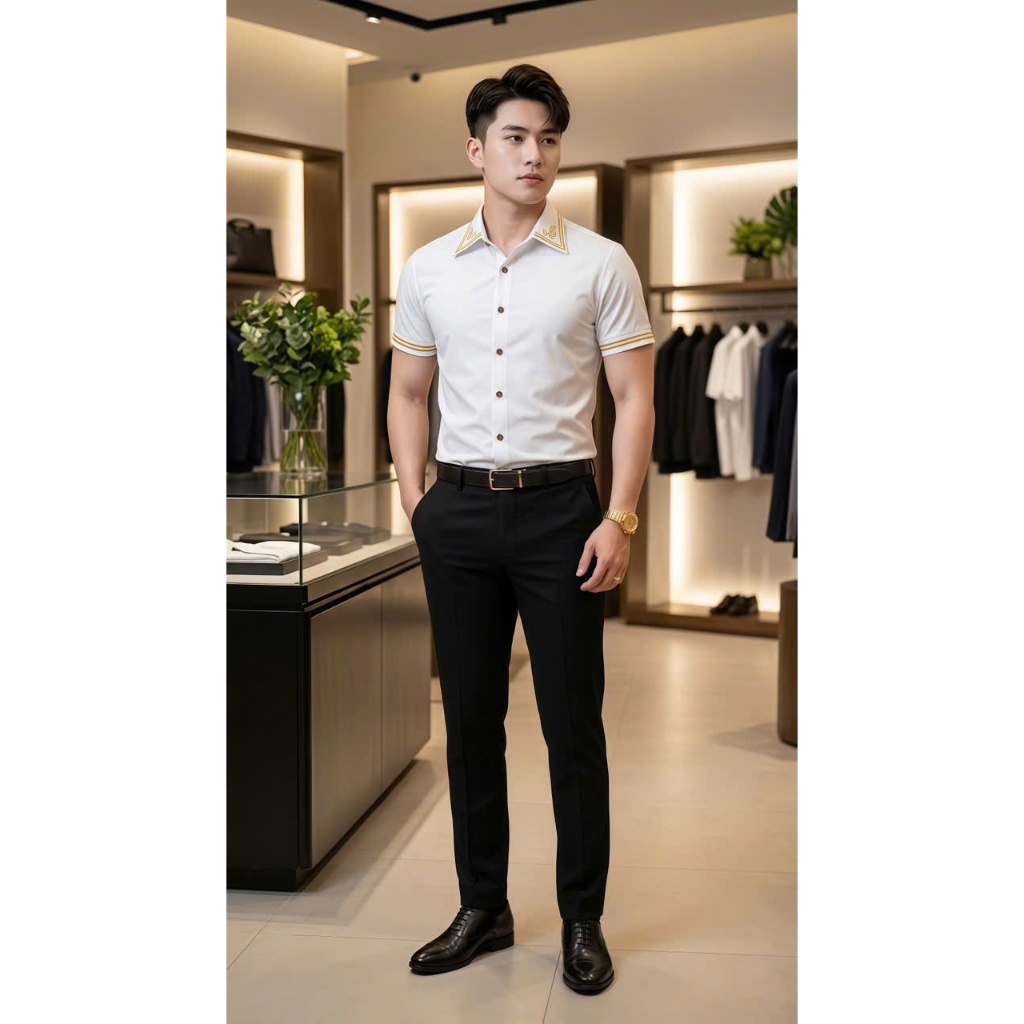 Áo Sơ Mi Nam Trơn Tay Ngắn Phối Viền Tay, Sơ Mi Nam Vải Lụa Thoáng Mát Dáng Body 1999 Fashion