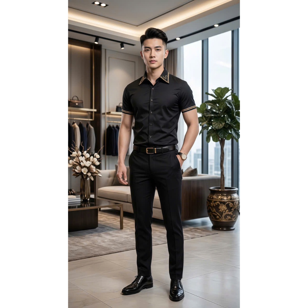 Áo Sơ Mi Nam Trơn Tay Ngắn Phối Viền Tay, Sơ Mi Nam Vải Lụa Thoáng Mát Dáng Body 1999 Fashion
