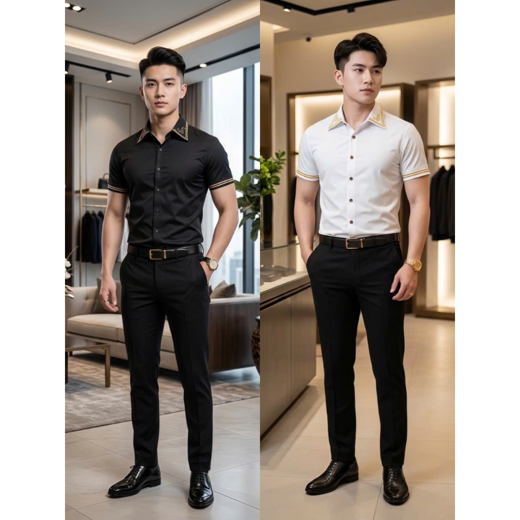 Áo Sơ Mi Nam Trơn Tay Ngắn Phối Viền Tay, Sơ Mi Nam Vải Lụa Thoáng Mát Dáng Body 1999 Fashion