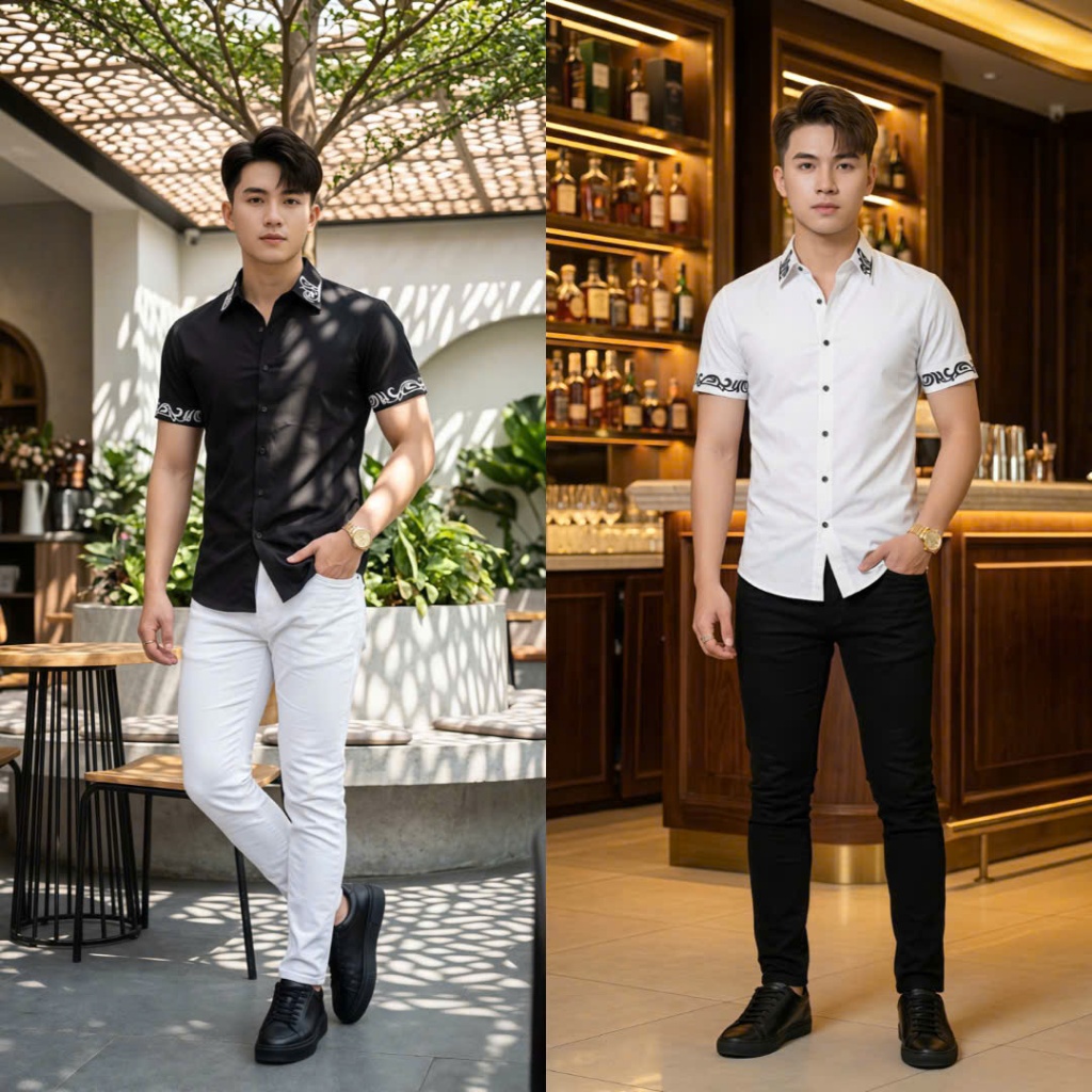 Áo sơ mi nam sọc tay ngắn phối viền tay. chất vải lụa thoáng mát tôn dáng thanh lịch sang trọng
