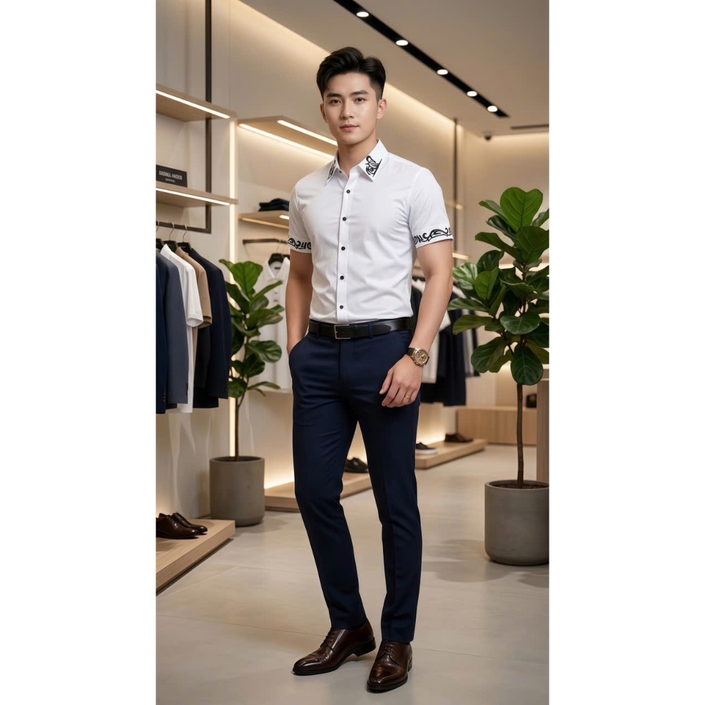 Áo sơ mi nam sọc tay ngắn phối viền tay. chất vải lụa thoáng mát tôn dáng thanh lịch sang trọng