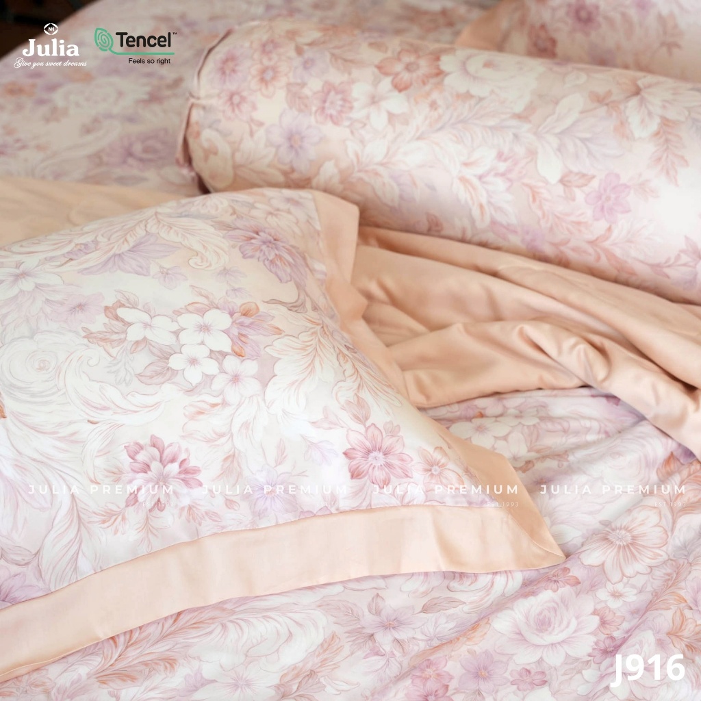 Bộ Chăn Ga Gối Lụa Tencel 100% Gỗ Sồi Cao Cấp 100s Julia- Mềm Mịn, Mát Lạnh Màu Be Kem Hồng 916