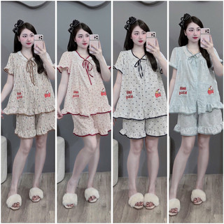 Bộ Bầu - bộ sau sinh-BỘ ĐÙI ĐŨI HÀN CỔ REN DÂY BUỘC HAI TÚI HELLO KITTY - Nhiều Màu, Áo Có Khoá Kéo & Quần Có Chun Chỉnh