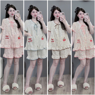 Bộ Bầu - bộ sau sinh-BỘ ĐÙI ĐŨI HÀN CỔ REN DÂY BUỘC HAI TÚI HELLO KITTY - Nhiều Màu, Áo Có Khoá Kéo & Quần Có Chun Chỉnh
