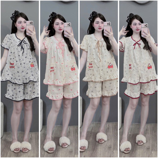 Bộ Bầu - bộ sau sinh-BỘ ĐÙI ĐŨI HÀN CỔ REN DÂY BUỘC HAI TÚI HELLO KITTY - Nhiều Màu, Áo Có Khoá Kéo & Quần Có Chun Chỉnh