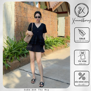 [ A5 ] Áo cổ V cúc tầng đen - Xuananhthomay