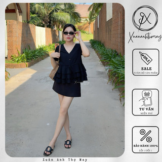 [ A5 ] Áo cổ V cúc tầng đen - Xuananhthomay