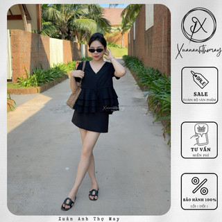 [ A5 ] Áo cổ V cúc tầng đen - Xuananhthomay