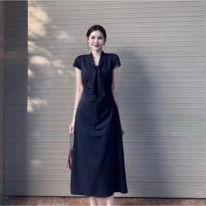 Váy Tay Ngắn Cổ Nơ Dáng Dài 115cm