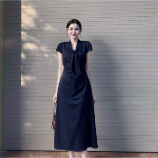 (T101) Váy Tay Ngắn Cổ Nơ Dáng Dài 115cm