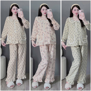 Bộ Bầu - bộ sau sinh - BỘ DÀI VÂN MÂY CỔ SEN NƠ TRẮNG HAI TÚI NƠ TRẮNG , Nhiều Màu, Áo Có Khoá Kéo & Quần Có Chun Chỉnh