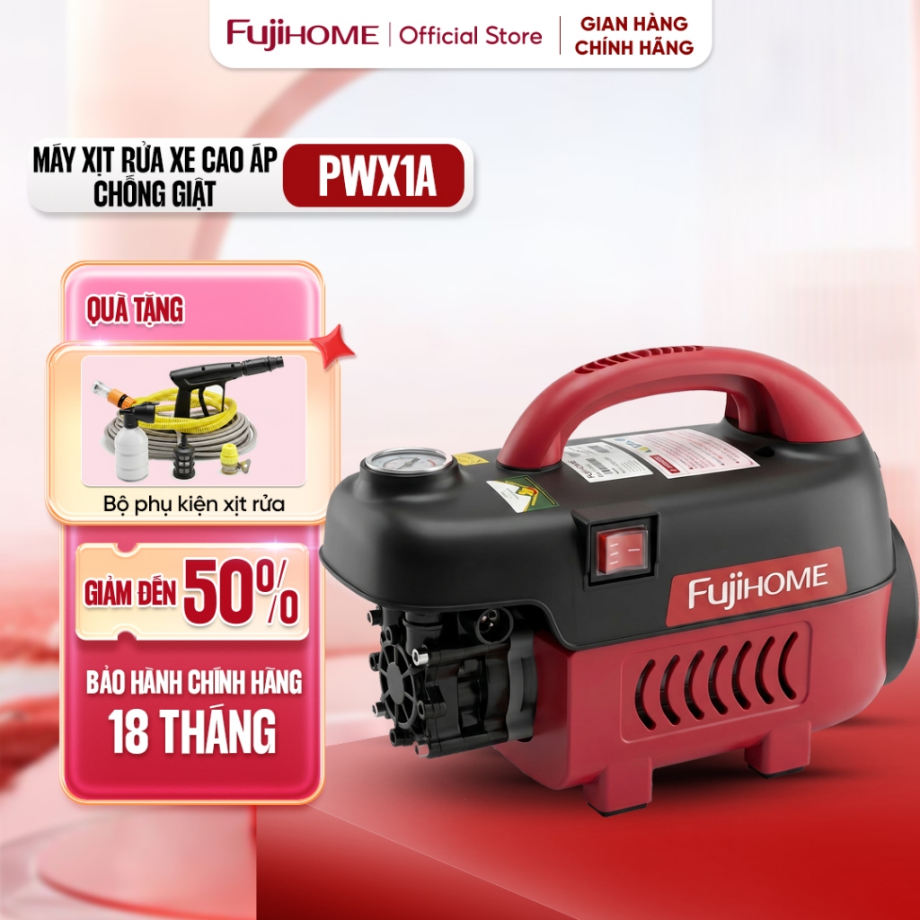 Máy rửa xe phun áp lực cao mô tơ cảm ứng từ Fujihome PWX1A, máy xịt rửa mini chỉnh áp lực nước chống giật an toàn
