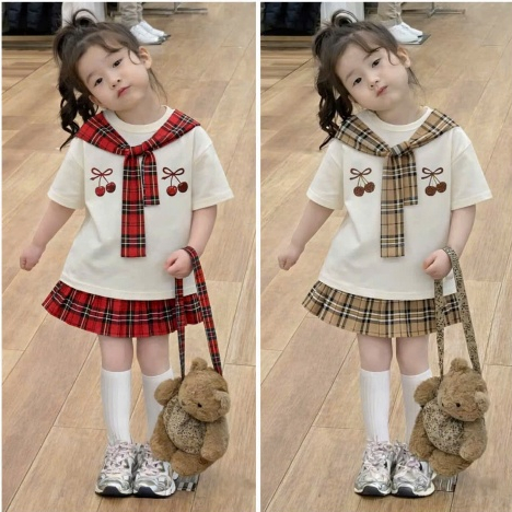 Set đồ bé gái mùa hè phong cách Hàn Quốc áo thun cổ thủy thủ thêu cherry kèm chân váy caro xếp ly