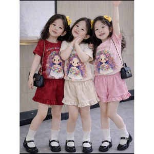 Set đồ bé gái mùa hè phong cách Hàn Quốc áo thun in hình dễ thương phối quần đùi bèo nhún (10-25kg)