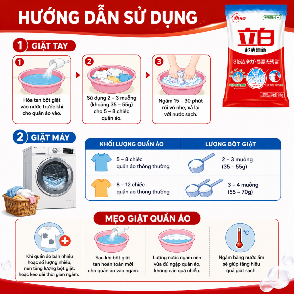 Bột giặt Liby siêu sạch 1.8KG không chứa Phốt Pho, Bột giặt quần áo an toàn cho da tay dễ hòa tan