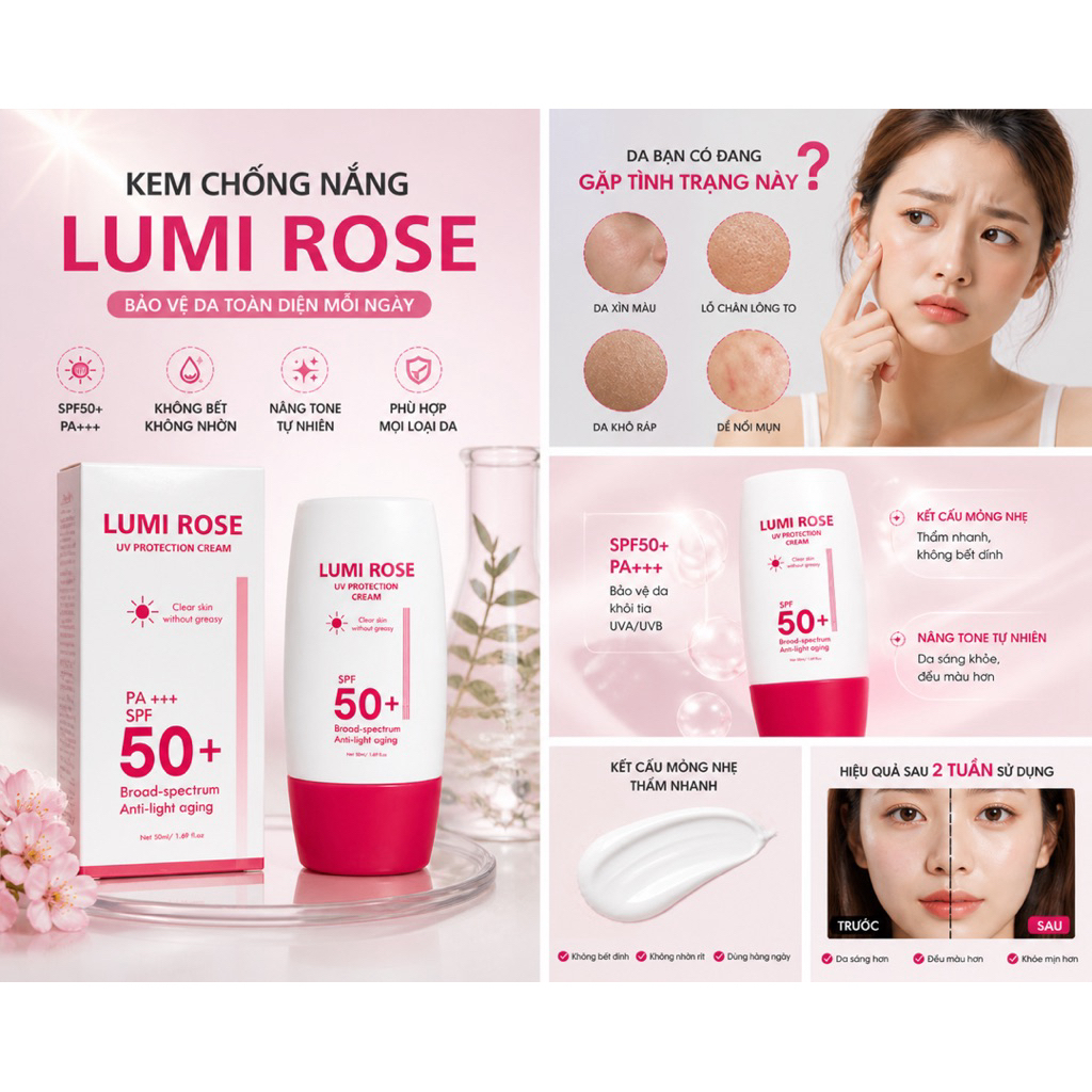 Kem Chống Nắng Lumi Rose SPF50+ PA+++ Mul Rose Chính Hãng Kiềm Dầu 30g