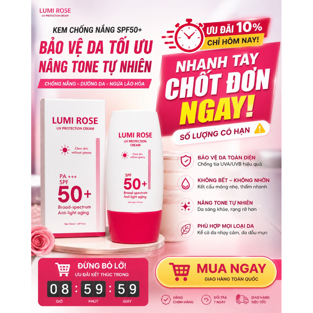 Kem Chống Nắng Lumi Rose SPF50+ PA+++ Mul Rose Chính Hãng Kiềm Dầu 30g