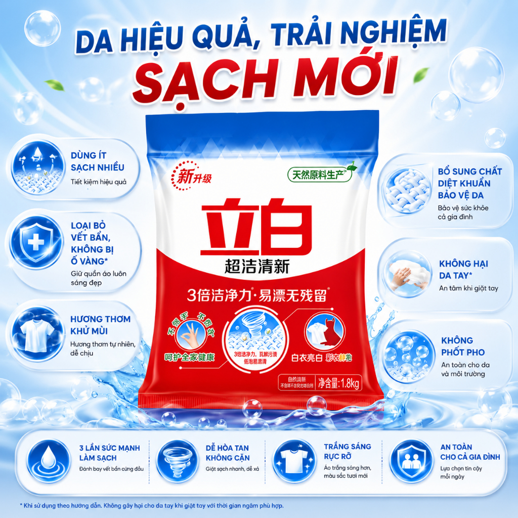 Bột giặt Liby siêu sạch 1.8KG không chứa Phốt Pho, Bột giặt quần áo an toàn cho da tay dễ hòa tan