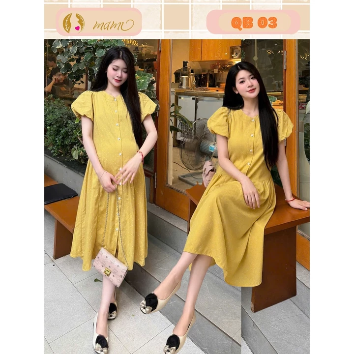 Váy bầu dáng suông chấm bi chất Linen mềm, váy bầu mùa hè, váy bầu dáng suông dài thiết kế Mami