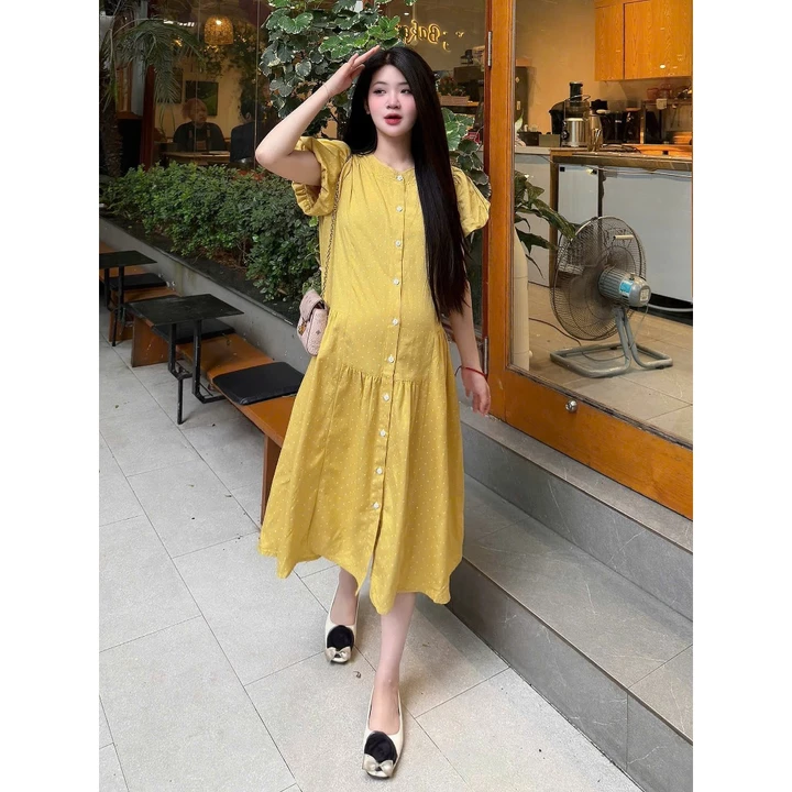 Váy bầu dáng suông chấm bi chất Linen mềm, váy bầu mùa hè, váy bầu dáng suông dài thiết kế Mami