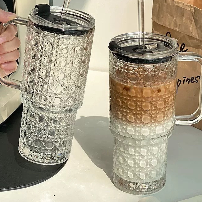 Cốc thuỷ tinh cao cấp 720ml có nắp và ống hút chịu nhiệt tốt, ly thuỷ tinh có quai thiết kế phong cách hiện đại 05