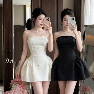Váy đi dự tiệc, đầm dự tiệc quây cúp ngực đính nơ nhún eo dáng A ngắn thiết kế tiểu thư sang chảnh dự tiệc sự kiện LONA