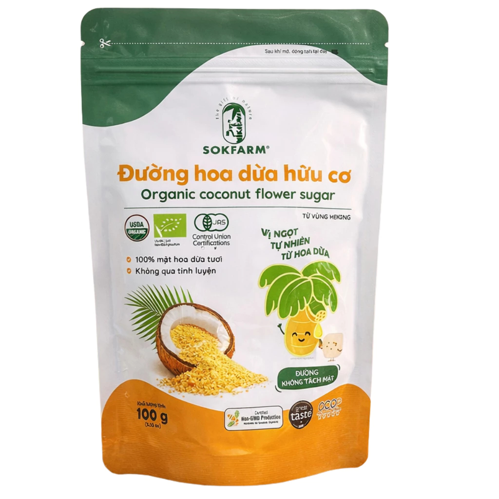 Đường Hoa Dừa Hữu Cơ Organic Sokfarm 100g - Đường Ăn Dặm Cho Bé An Toàn,100% mật hoa dừa hữu cơ