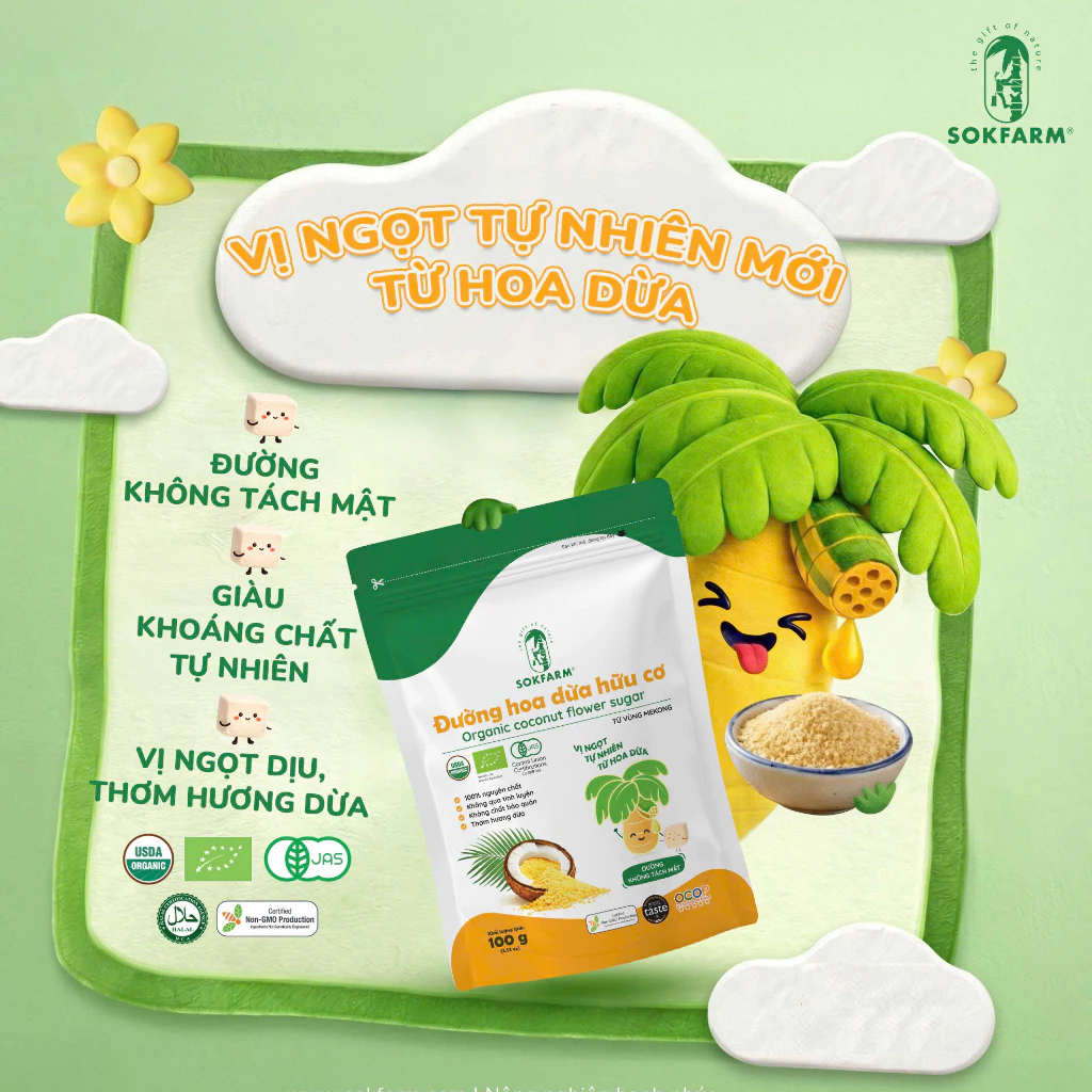 Đường Hoa Dừa Hữu Cơ Organic Sokfarm 100g - Đường Ăn Dặm Cho Bé An Toàn,100% mật hoa dừa hữu cơ