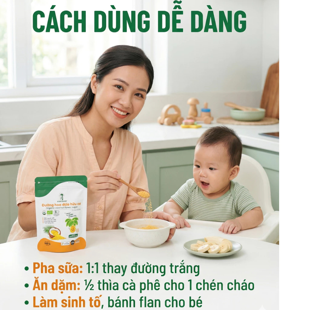 Đường Hoa Dừa Hữu Cơ Organic Sokfarm 100g - Đường Ăn Dặm Cho Bé An Toàn,100% mật hoa dừa hữu cơ
