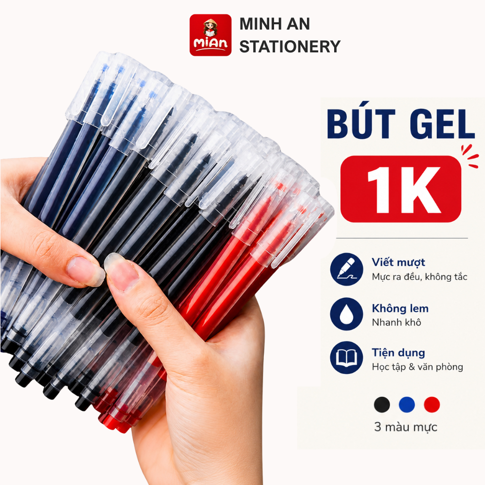 Combo 50 Bút gel đen xanh đỏ ngòi 0.5mm, bút bi nước viết trơn mực đều, mực khô nhanh - Bút mực gel học sinh, văn phòng
