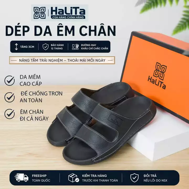 [Dép Công Thái Học ] - Bản Hai Quai Nâng Cấp , Da Bò Lưu Bút Cao Cấp HaLiTa, Đế Cao Su Vân Nhám Chống Trơn Trượt