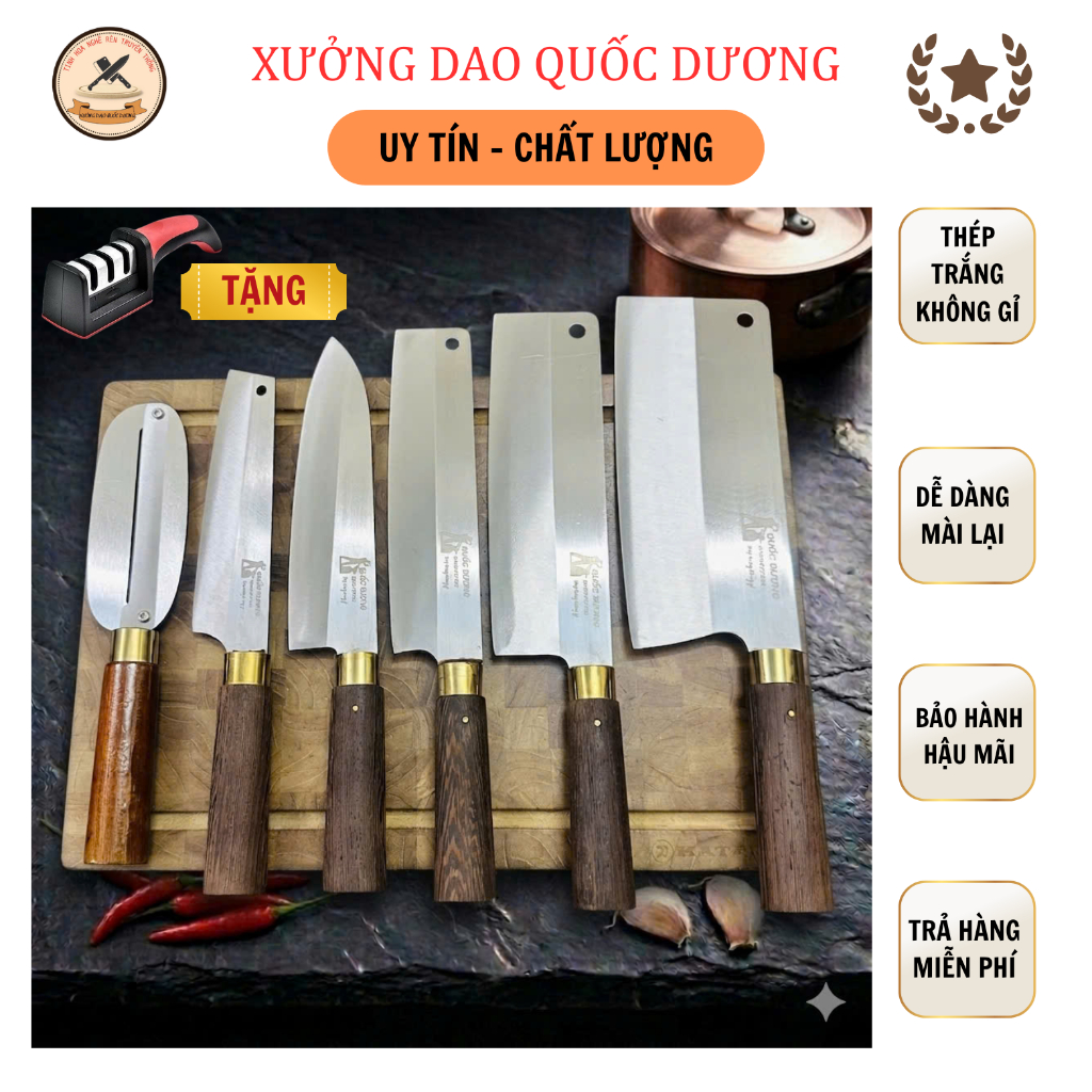 Bộ dao nhà bếp QUỐC DƯƠNG ,làm từ thép trắng Nhật 420HC kháng gỉ, cán gỗ mun chống mối mọt, BH 24 tháng - M1