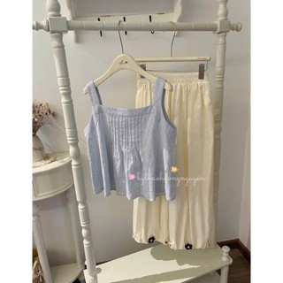 PHẠM THÙY SHOP: SET BỘ ÁO HAI DÂY XANH MIX QUẦN SUÔNG KEM