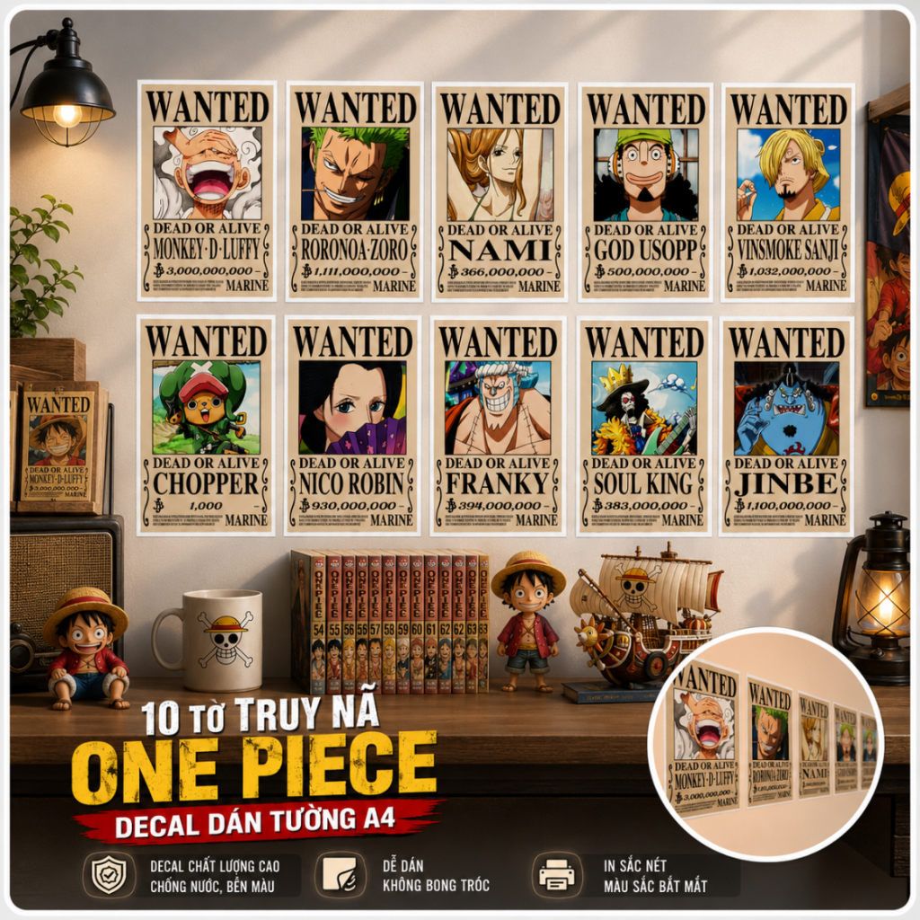 Combo 10 Tờ Poster Lệnh Truy Nã One Piece Wanted Anime Có Sẵn Keo Tranh Ảnh Dán Tường Bóc Dán AnimeX