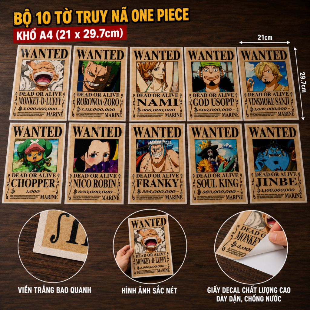 Combo 10 Tờ Poster Lệnh Truy Nã One Piece Wanted Anime Có Sẵn Keo Tranh Ảnh Dán Tường Bóc Dán AnimeX