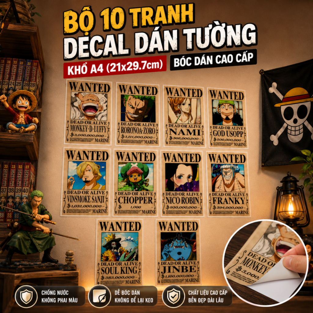 Bộ 10 Tờ Poster Truy Nã One Piece Wanted Anime Có Sẵn Keo Combo Tranh Dán Tường Bóc Dán AnimeX