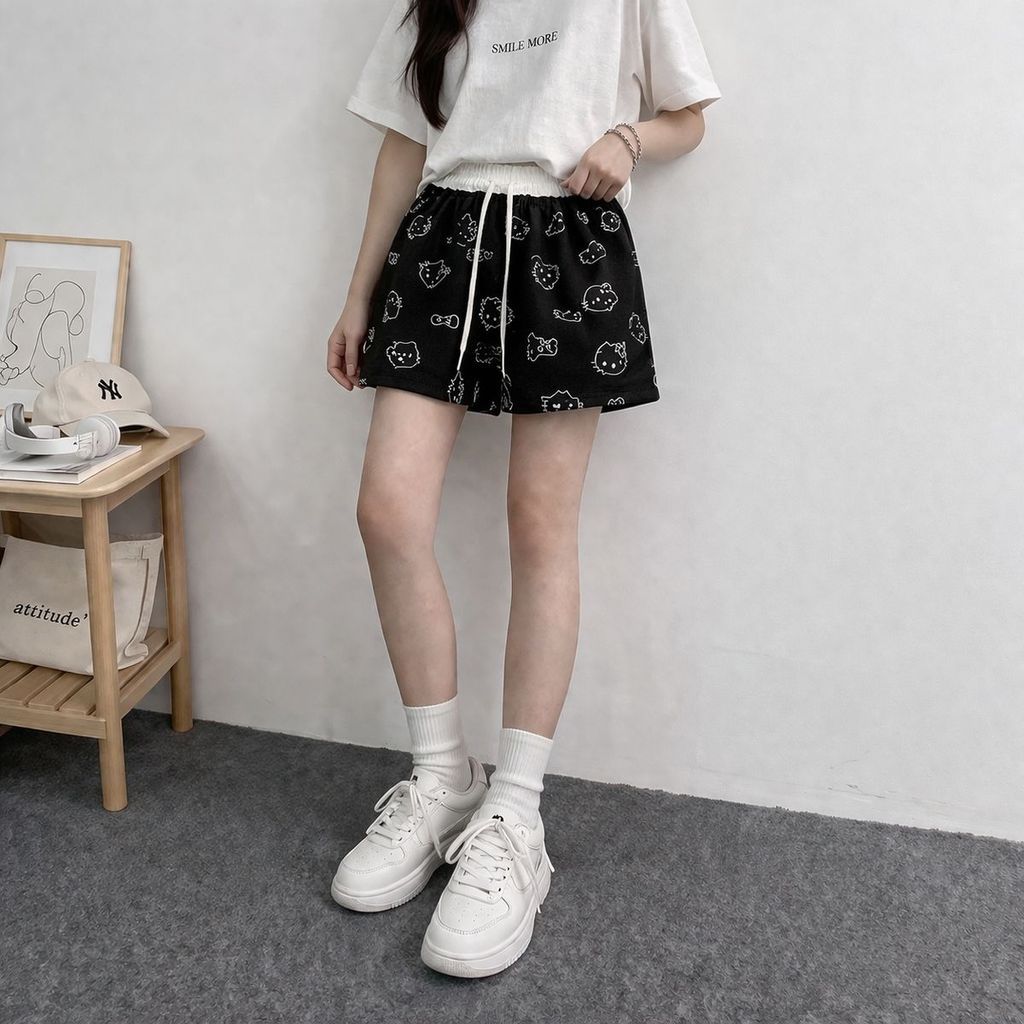 Quần Short Đùi  Cạp Trắng Hoạ Tiết Mèo Hello Kitty In Kín Cực Dễ Thương Cho Nam Và Nữ