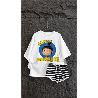 Set bộ áo thun chất cotton su in hình cô gái angel mix quần đùi kẻ sọc cạp trắng ( quần kẻ đen )