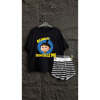 Set bộ áo thun chất cotton su in hình cô gái angel mix quần đùi kẻ sọc cạp trắng ( quần kẻ đen )