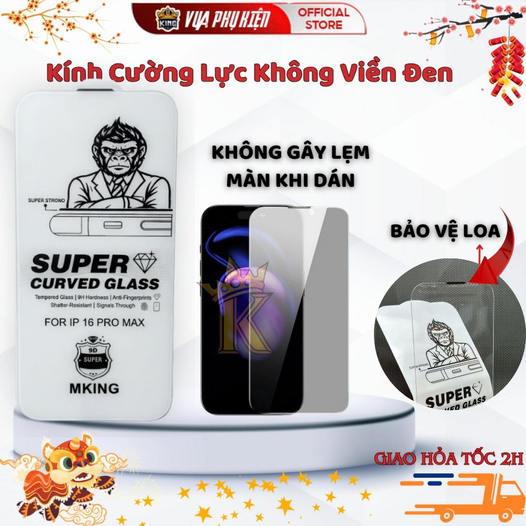 Kính cường lực iphone không viền đen MKING Có bảo vệ loa Xsmax 11 12 13 14Promax 15Promax 16 17Promax air