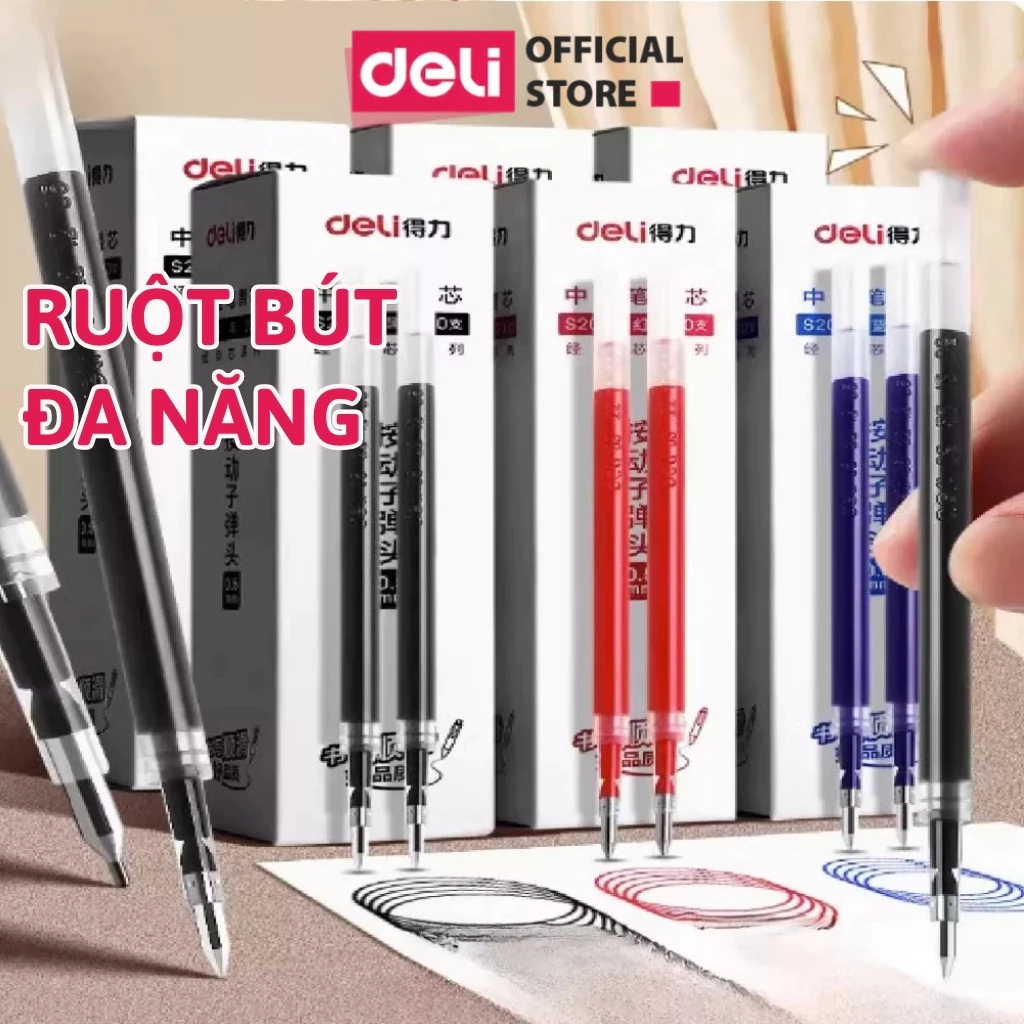 [🔥GIÁ TỐT] Combo 10 20 Ruột Bút Gel Deli 0.5mm Ngòi Gốc Cho Bút Bi Nước A575 A057B S08 Nhanh Khô Nhiều Mực