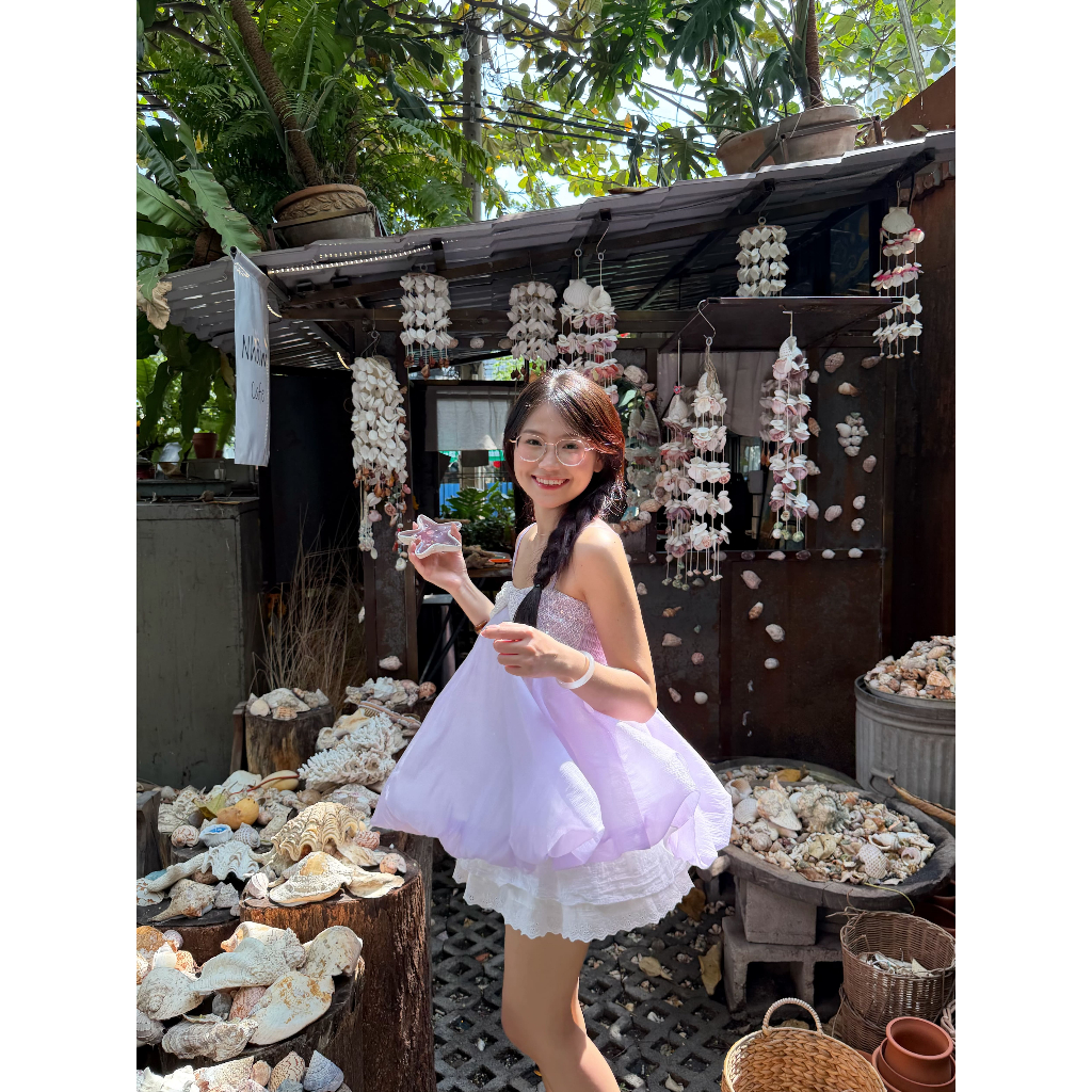 Áo bí phồng áo hai dây áo kiểu đính nơ kim sa dài 60cm_STELLA Top