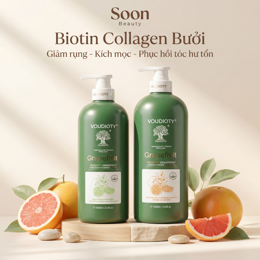 Cặp dầu gội xả Biotin Collagen Voudioty Bưởi 500ml/1000ml giảm rụng, kích mọc tóc, phục hồi tóc hư tổn