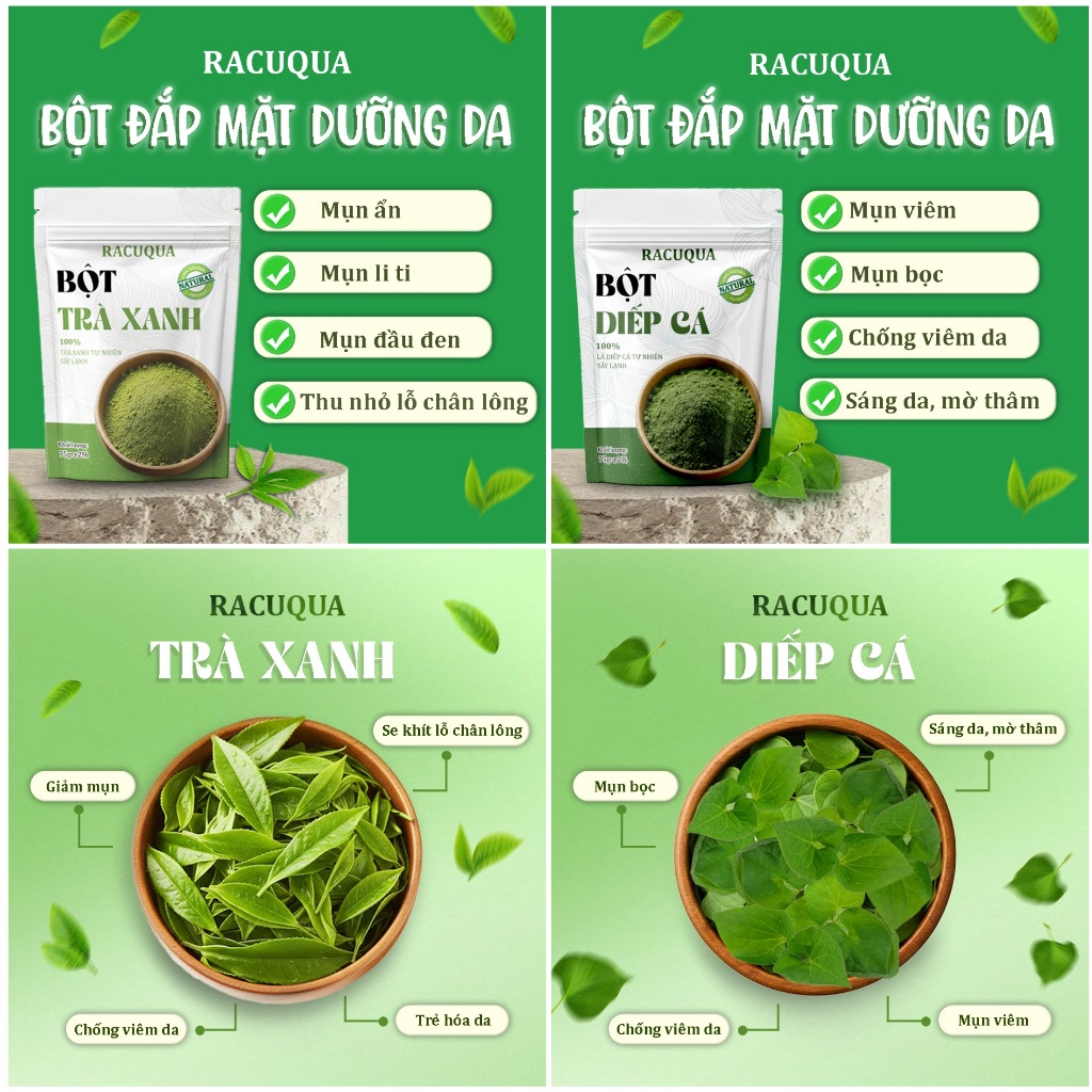 Combo Bột Giảm Mụn Trà Xanh + Diếp Cá RACUQUA 150g