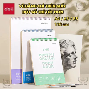 Sổ vẽ phác thảo Deli - Gáy lò xo - Khổ dọc A4 A3 B5 - Giấy bột gỗ cao cấp Ép lạnh, chống tẩy tốt - 110gsm / 160gsm