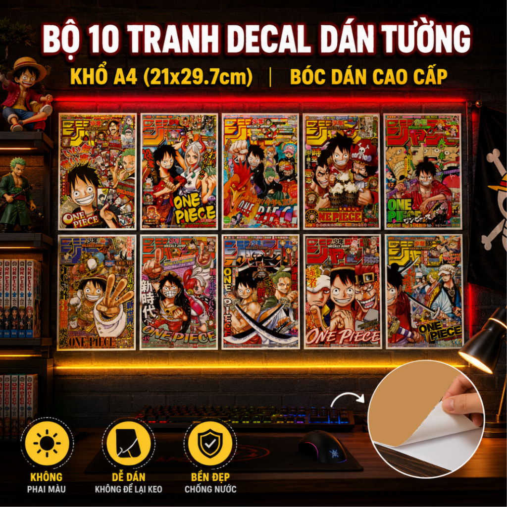 Combo 10 Tấm Poster A4 Nhiều Anime Blue Lock, One Piece, Jujutsu Kaisen dán tường có sẵn keo AnimeX