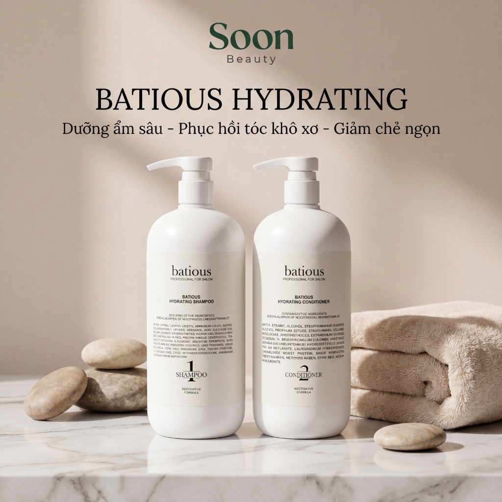 Cặp Gội Xả Batious Trắng Dành Cho Tóc Khô Xơ, Dưỡng Ẩm Tóc, Phục Hồi Chẻ Ngọn 500ml-960ml