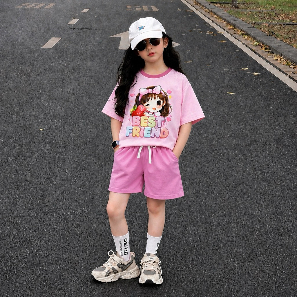 Bộ quần short bé gái in hình cô gái cute từ 30-46kg( tặng 10kt)