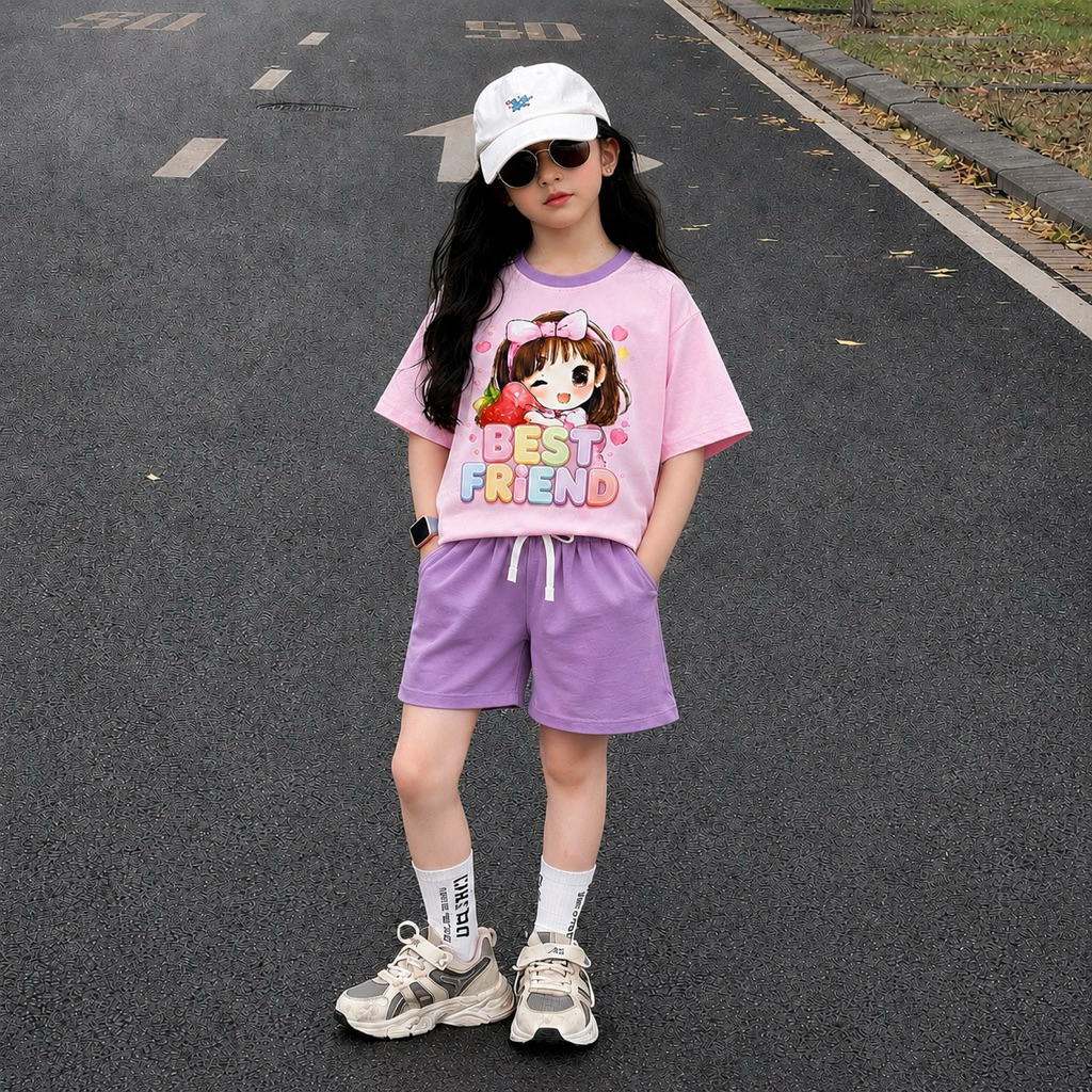 Bộ quần short bé gái in hình cô gái cute từ 30-46kg( tặng 10kt)